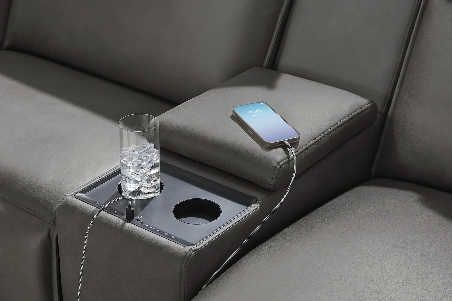 ModularTwo Charcoal 5 Pc Dual Power Reclining Sectional with Media and Wood Top Consoles - Image 5