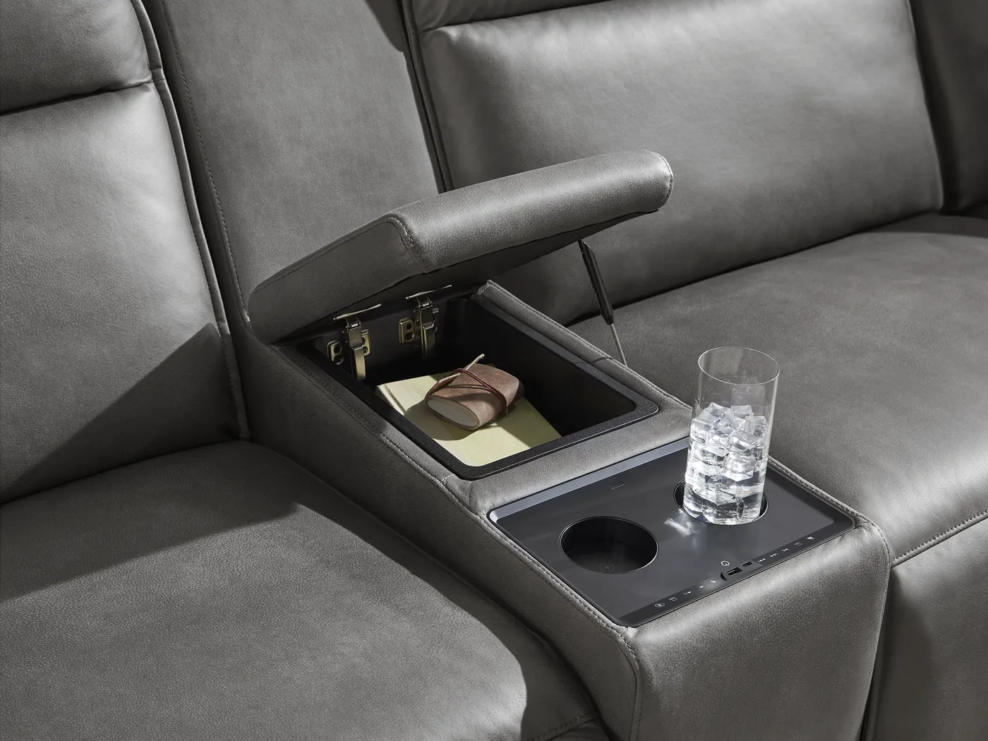 ModularTwo Charcoal 5 Pc Dual Power Reclining Sectional with Media and Wood Top Consoles - Image 6