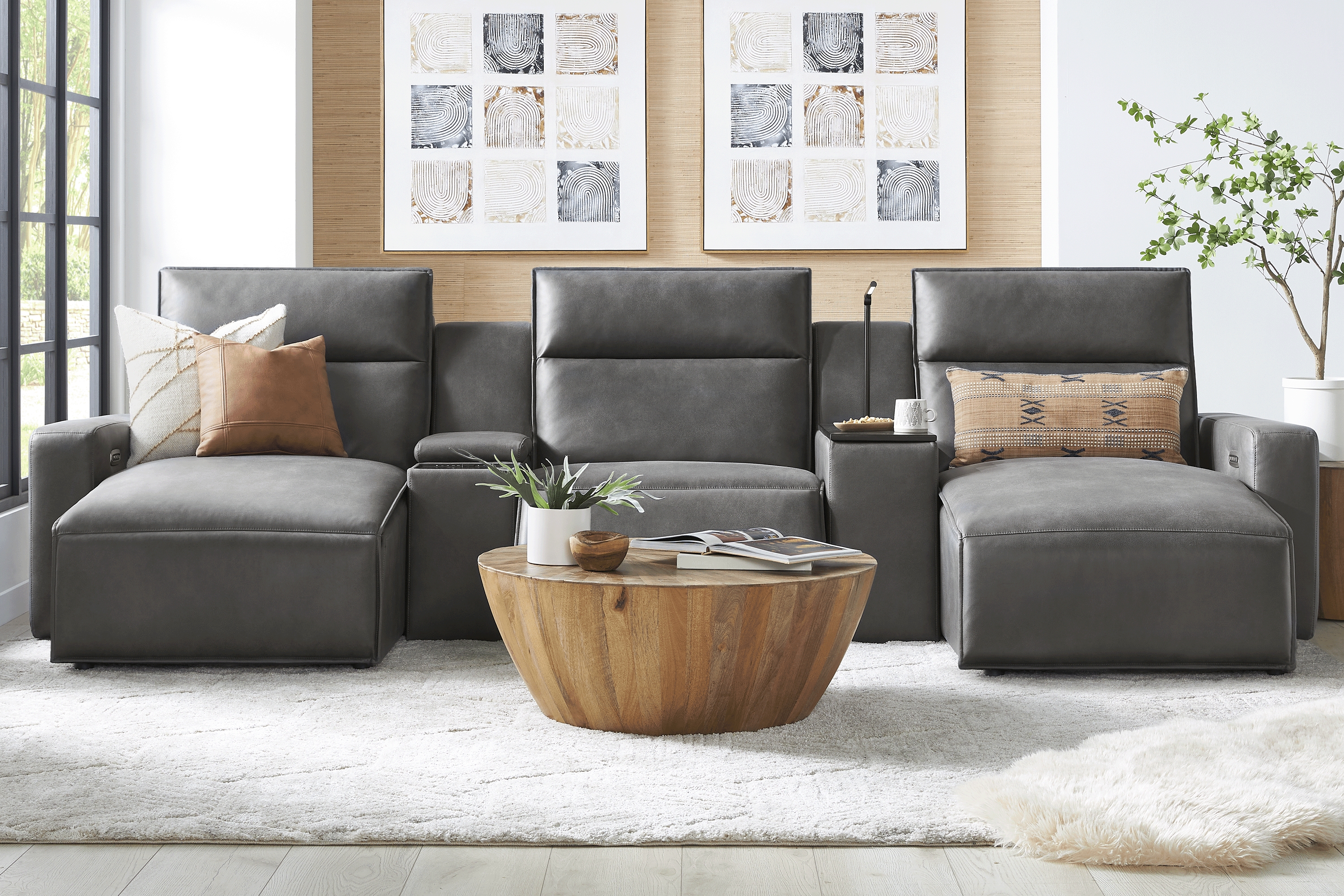 ModularTwo Charcoal 5 Pc Dual Power Reclining Sectional with Media and Wood Top Consoles - Thumbnail - Image 2