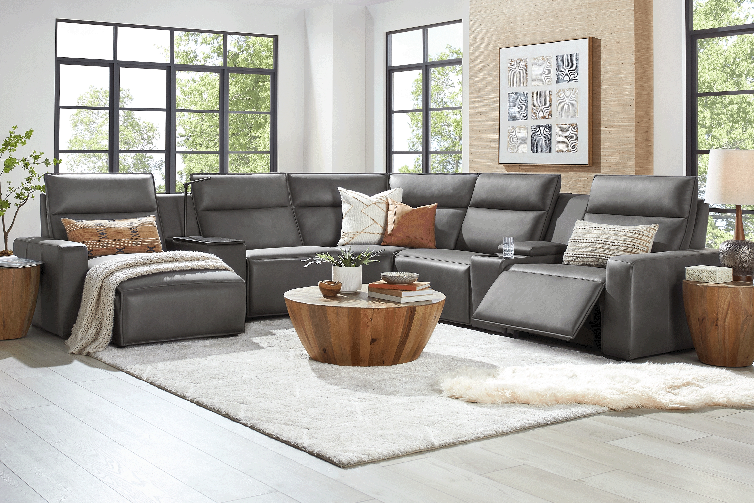 ModularTwo Charcoal 7 Pc Dual Power Reclining Sectional with Media and Wood Top Consoles - Thumbnail - Image 2