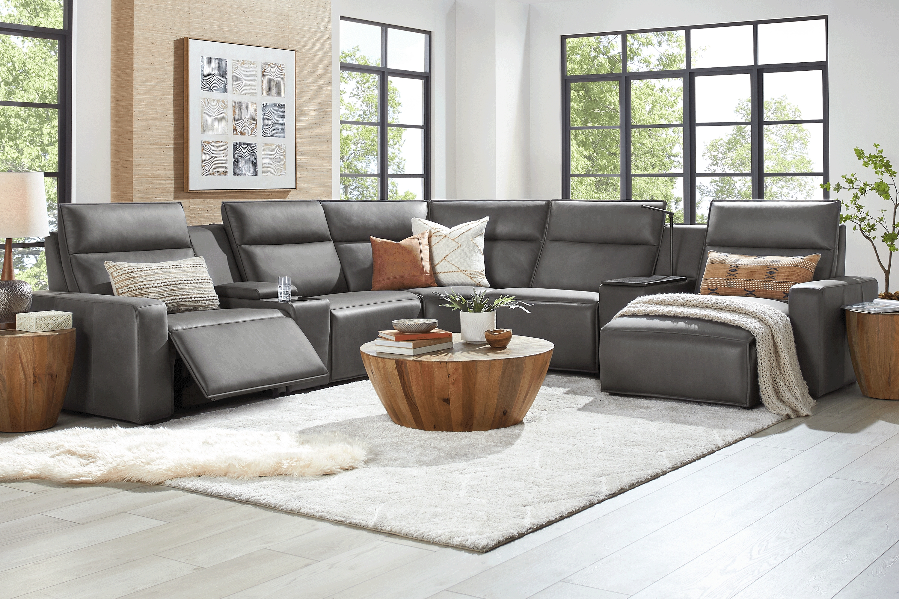 ModularTwo Charcoal 7 Pc Dual Power Reclining Sectional with Media and Wood Top Consoles - Thumbnail - Image 2