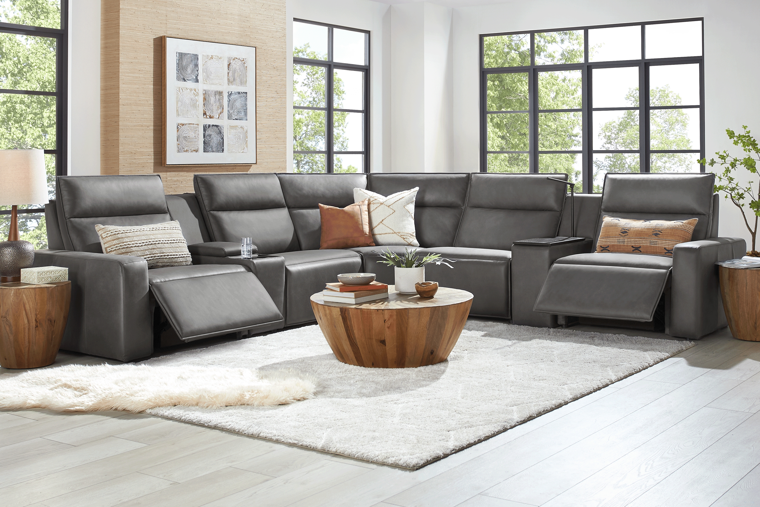ModularTwo Charcoal 7 Pc Dual Power Reclining Sectional with Media and Wood Top Consoles - Thumbnail - Image 2