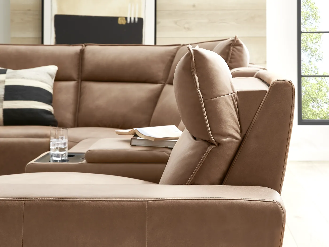 ModularTwo Saddle 7 Pc Dual Power Reclining Sectional with Media and Wood Top Consoles - Image 6