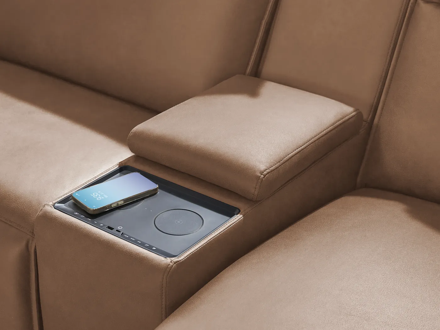 ModularTwo Saddle 7 Pc Dual Power Reclining Sectional with Media and Wood Top Consoles - Image 7
