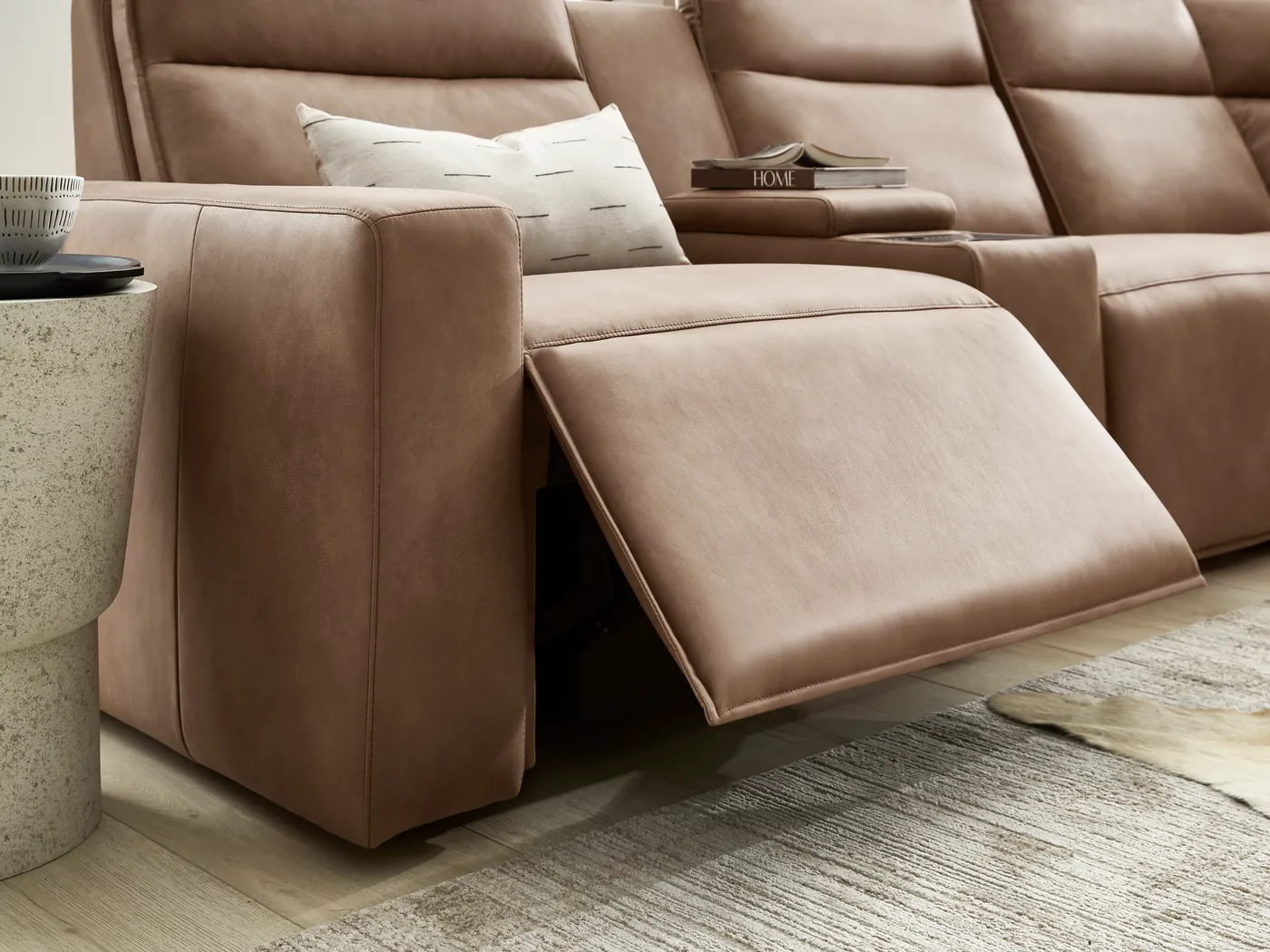 ModularTwo Saddle 7 Pc Dual Power Reclining Sectional with Media and Wood Top Consoles - Image 10