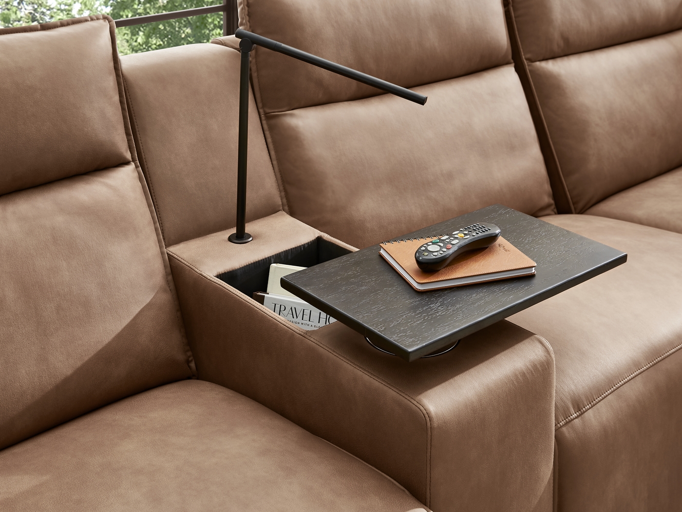 ModularTwo Saddle 7 Pc Dual Power Reclining Sectional with Media and Wood Top Consoles - Thumbnail - Image 4