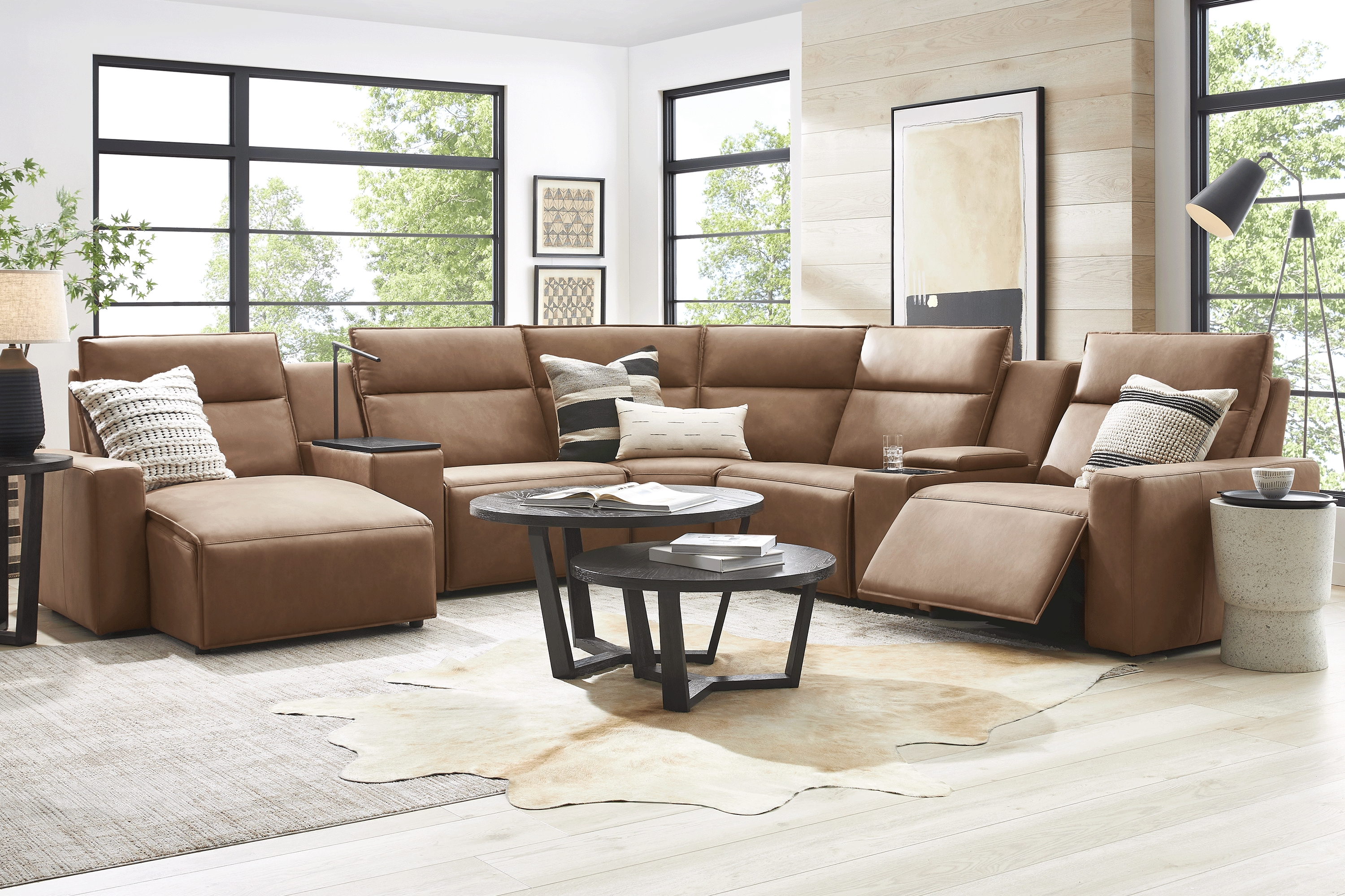 ModularTwo Saddle 7 Pc Dual Power Reclining Sectional with Media and Wood Top Consoles - Thumbnail - Image 2