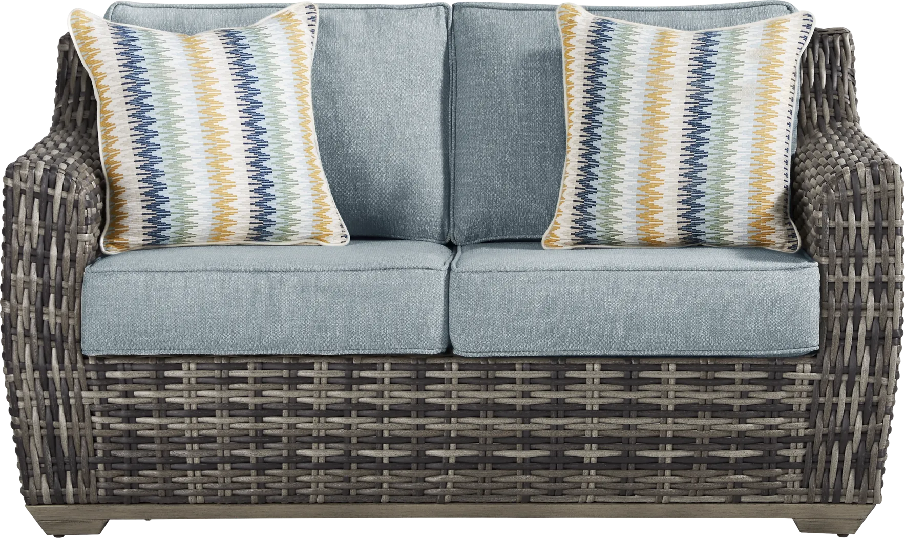 Montecello Gray Outdoor Loveseat with Azure Cushions - Thumbnail - Image 1