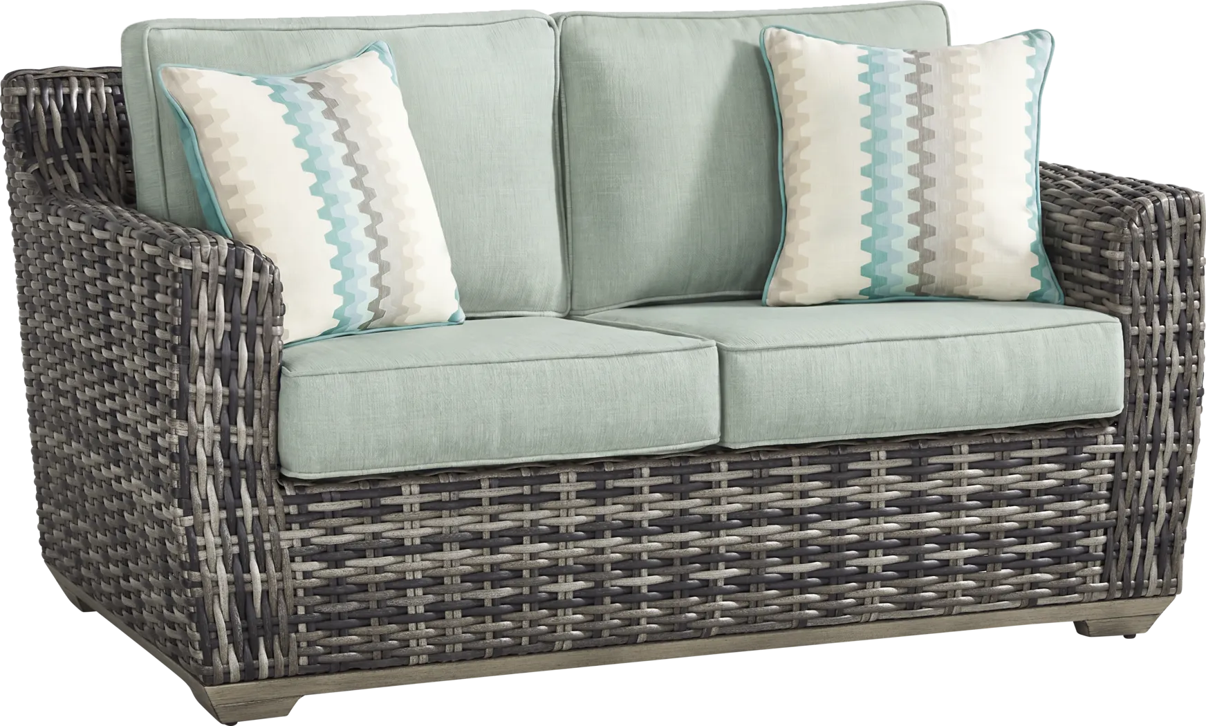 Montecello Gray Outdoor Loveseat with Mist Cushions - Thumbnail - Image 2