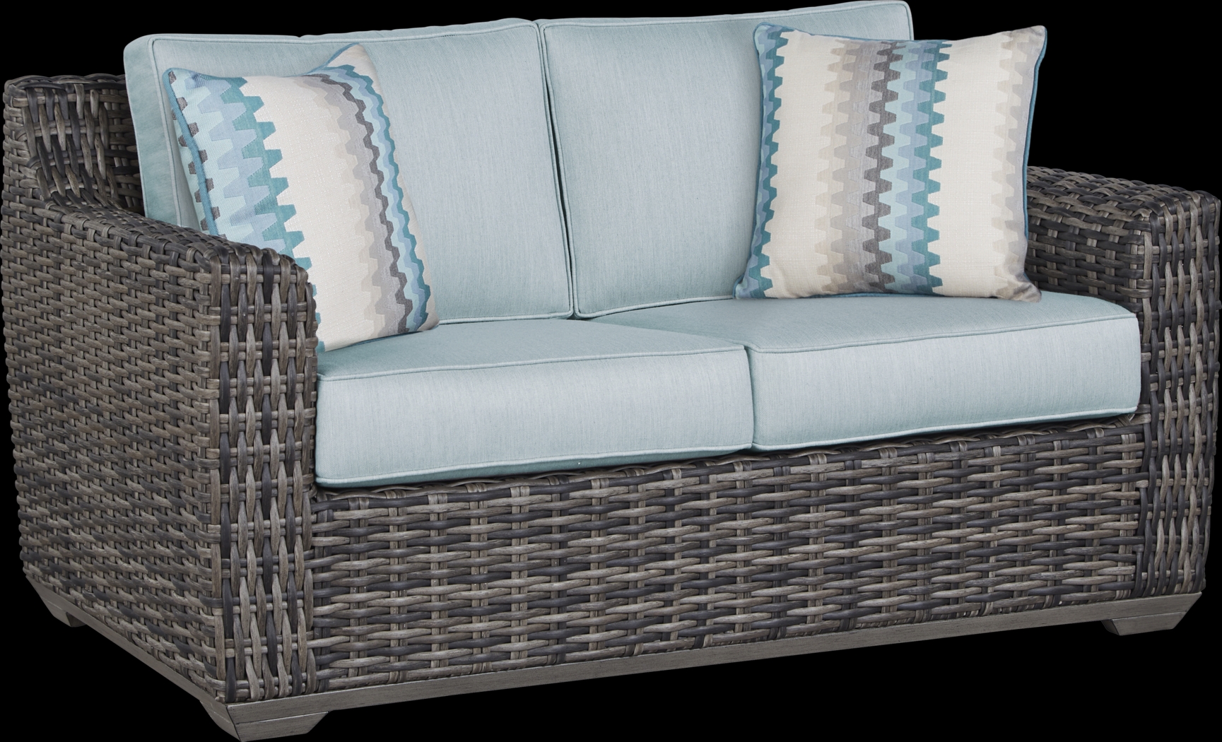 Montecello Gray Outdoor Loveseat with Mist Cushions - Thumbnail - Image 1