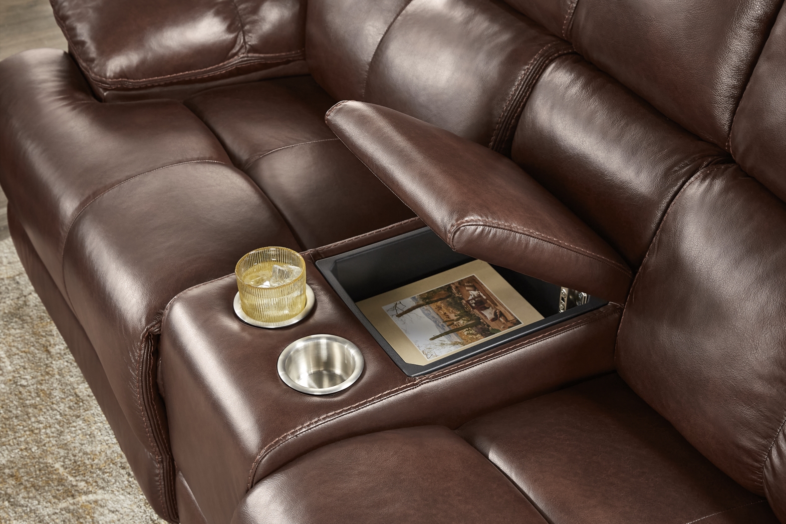 Montefano Brown Leather Reclining Console Loveseat - Thumbnail - Image 3