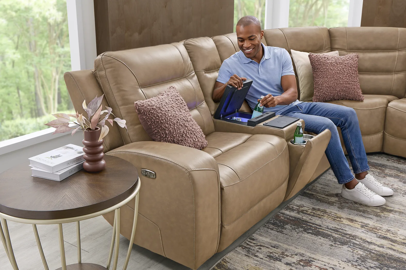 Montero Sand Leather 6 Pc Dual Power Reclining Sectional - Image 4