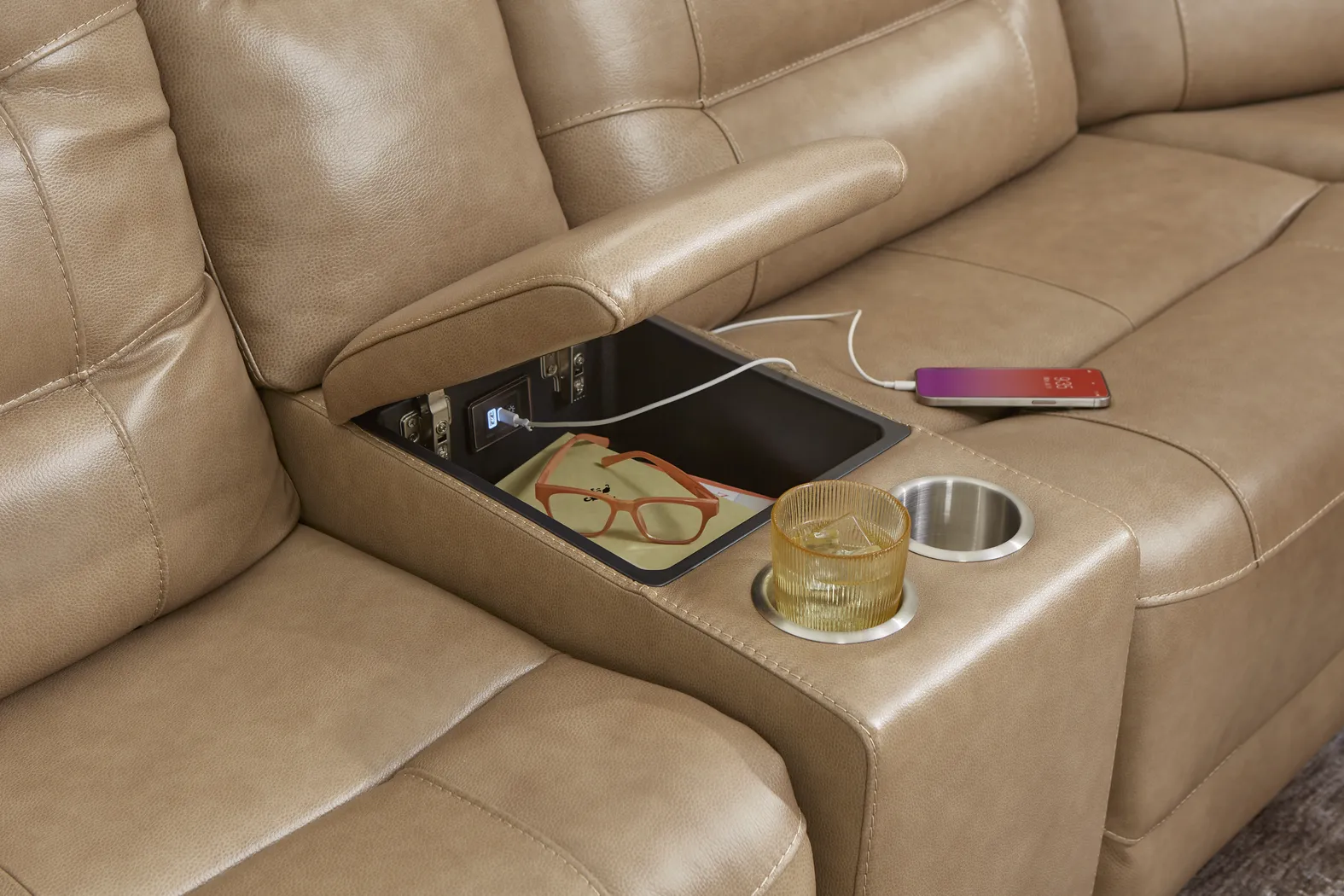 Montero Sand Leather 6 Pc Dual Power Reclining Sectional - Image 4
