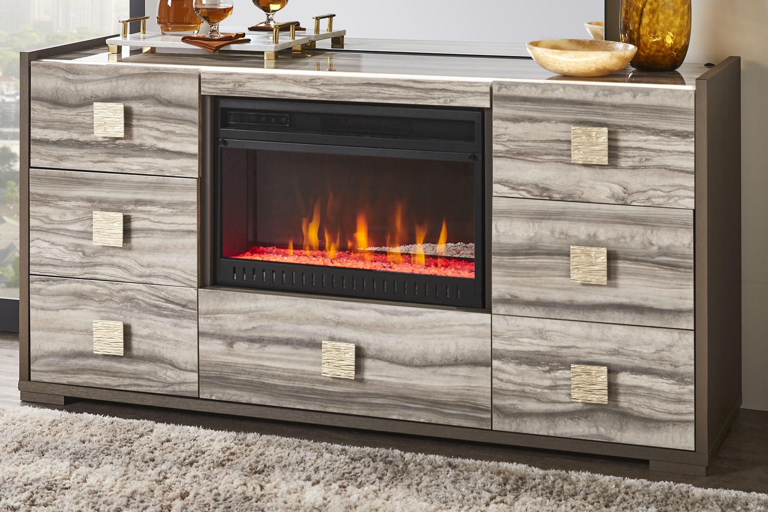 Monterosso Tan 8 Pc King Panel Bedroom with Electric Fireplace - Thumbnail - Image 8