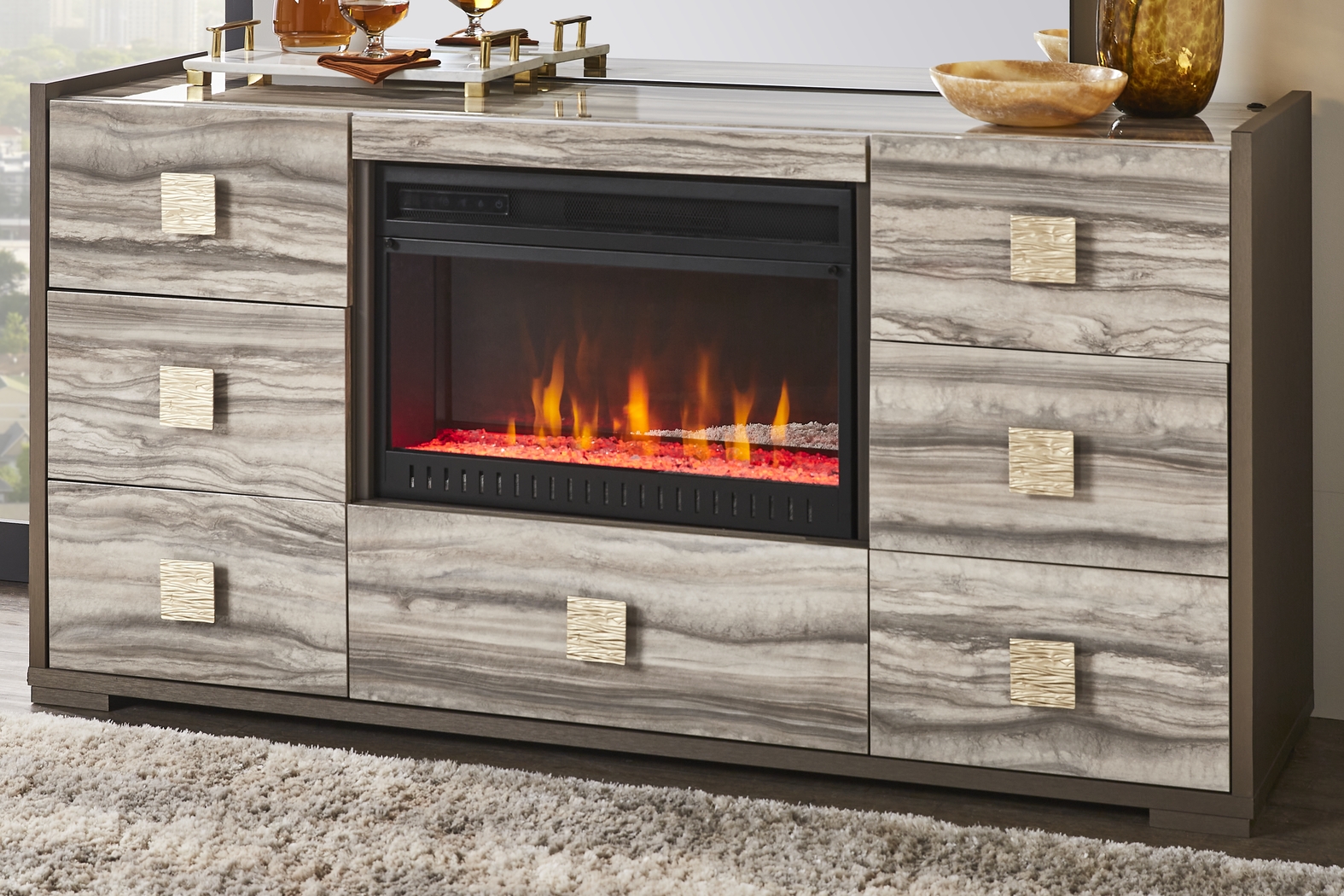 Monterosso Tan 8 Pc King Panel Bedroom with Electric Fireplace - Thumbnail - Image 9