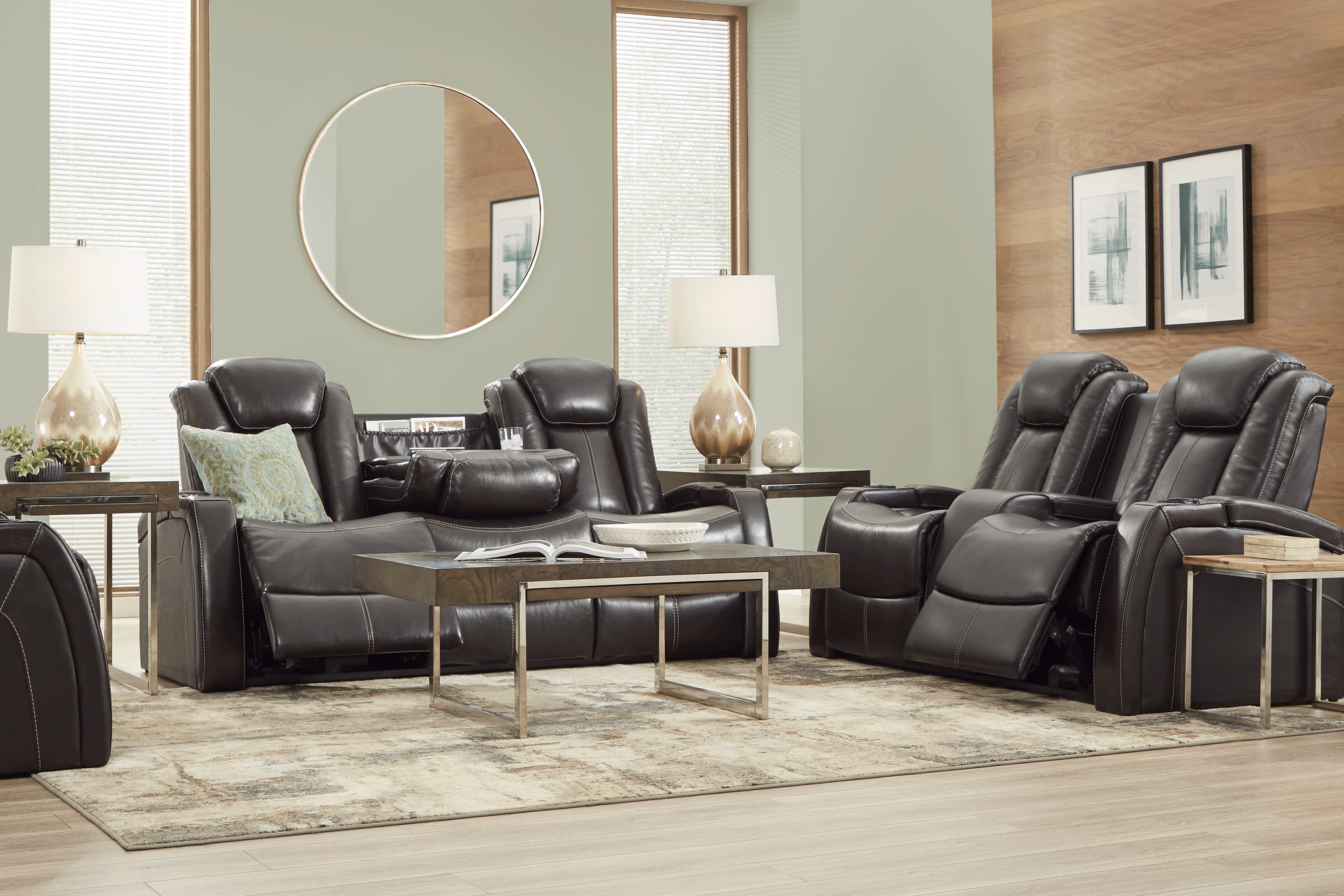 Moretti Brown Leather 8 Pc Dual Power Reclining Living Room - Thumbnail - Image 1