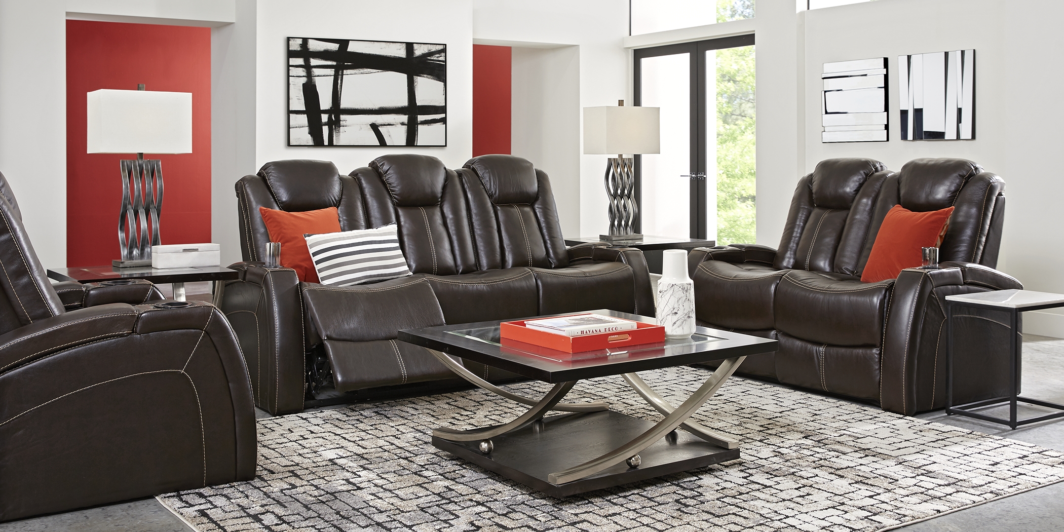Moretti Chocolate Leather 7 Pc Living Room with Dual Power Reclining Sofa - Thumbnail - Image 1