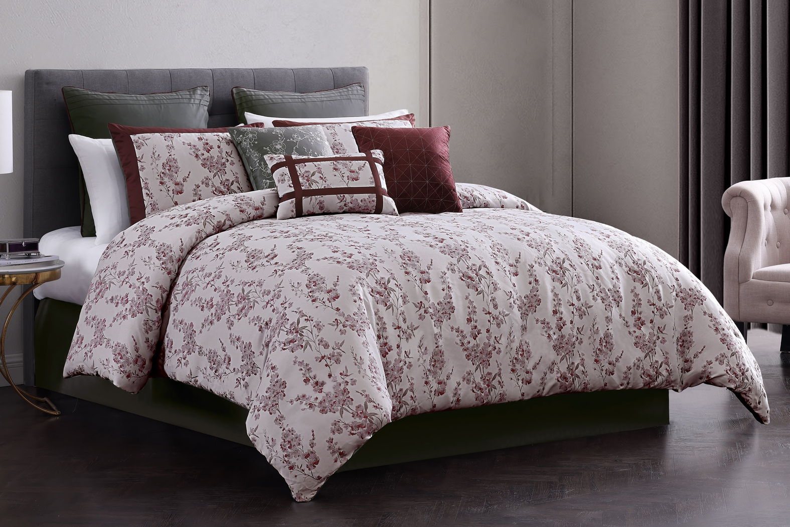Morlom Burgundy 9 Pc Queen Comforter Set - Thumbnail - Image 1