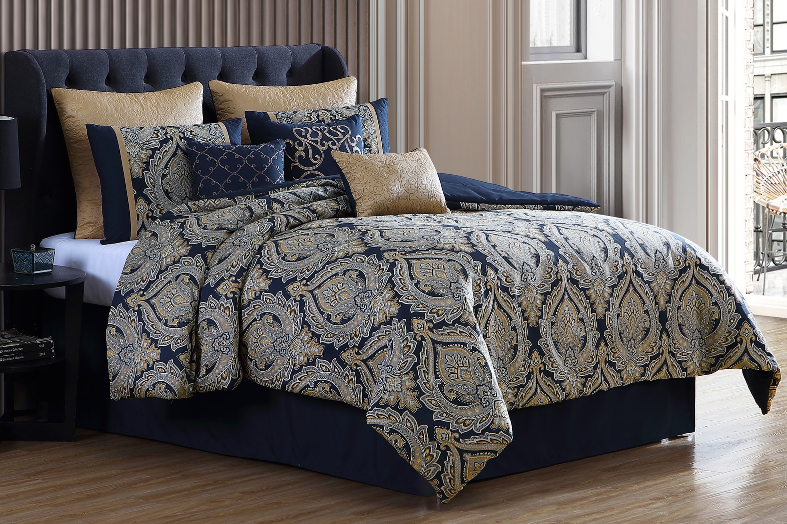Morputh Navy 9 Pc Queen Comforter Set - Thumbnail - Image 1
