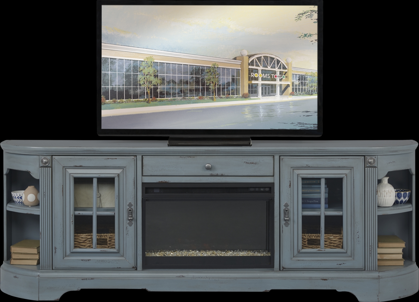 Mountain Bluff II Blue 88 in. Console with Electric Fireplace - Thumbnail - Image 2