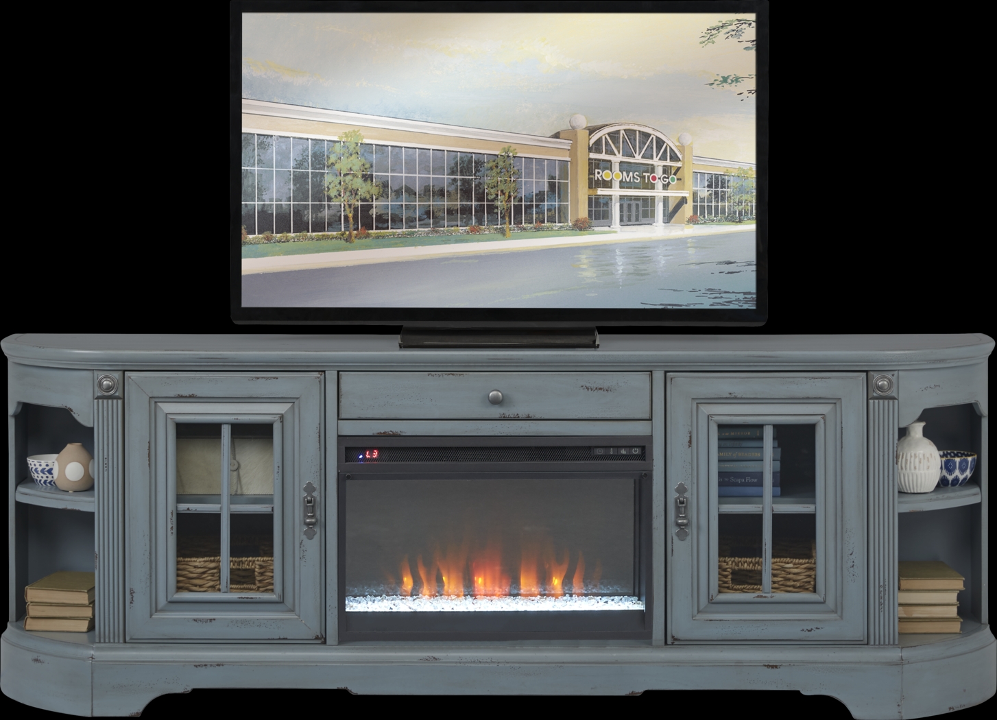 Mountain Bluff II Blue 88 in. Console with Electric Fireplace - Thumbnail - Image 1