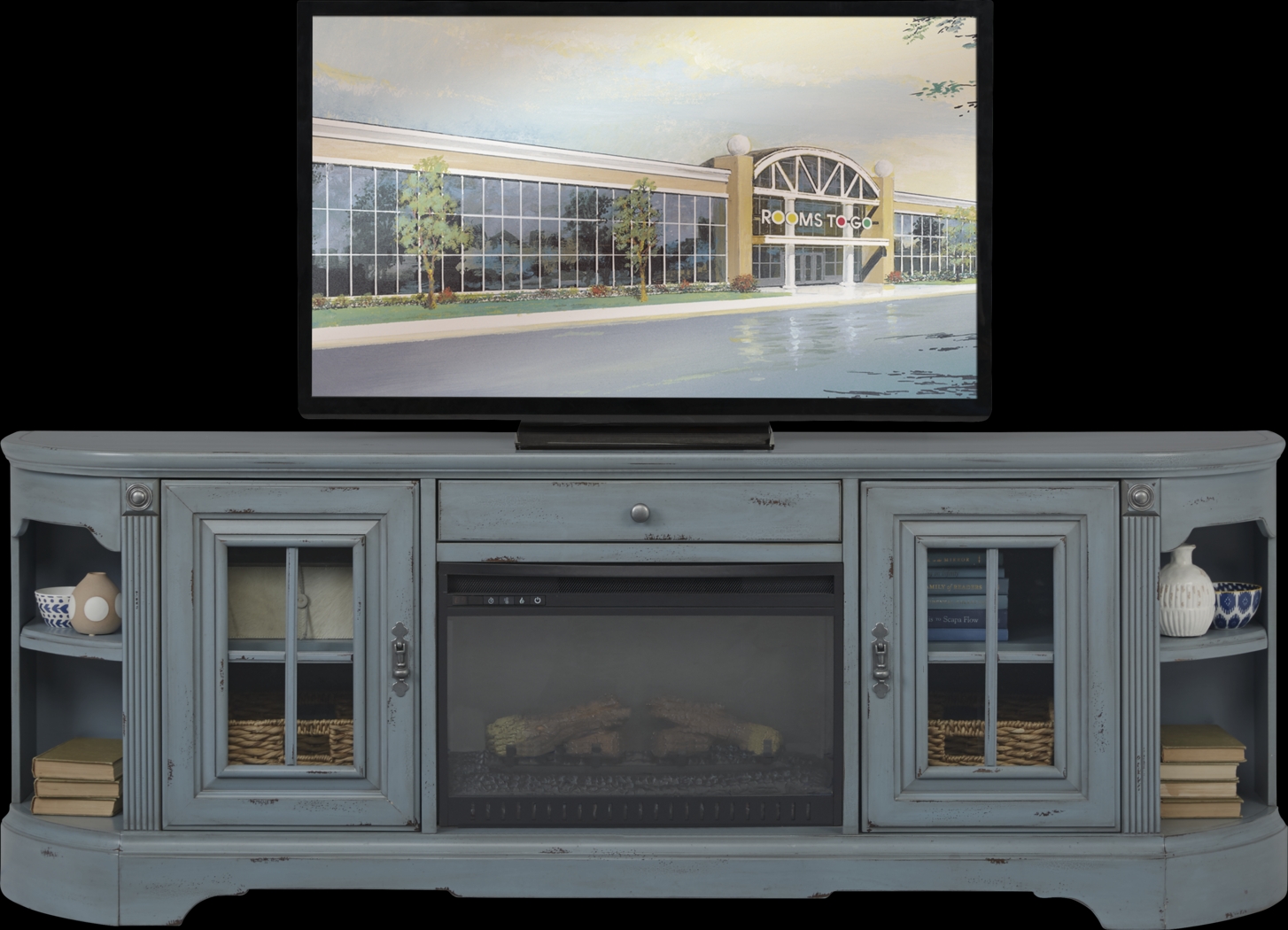 Mountain Bluff II Blue 88 in. Console with Electric Log Fireplace - Thumbnail - Image 2