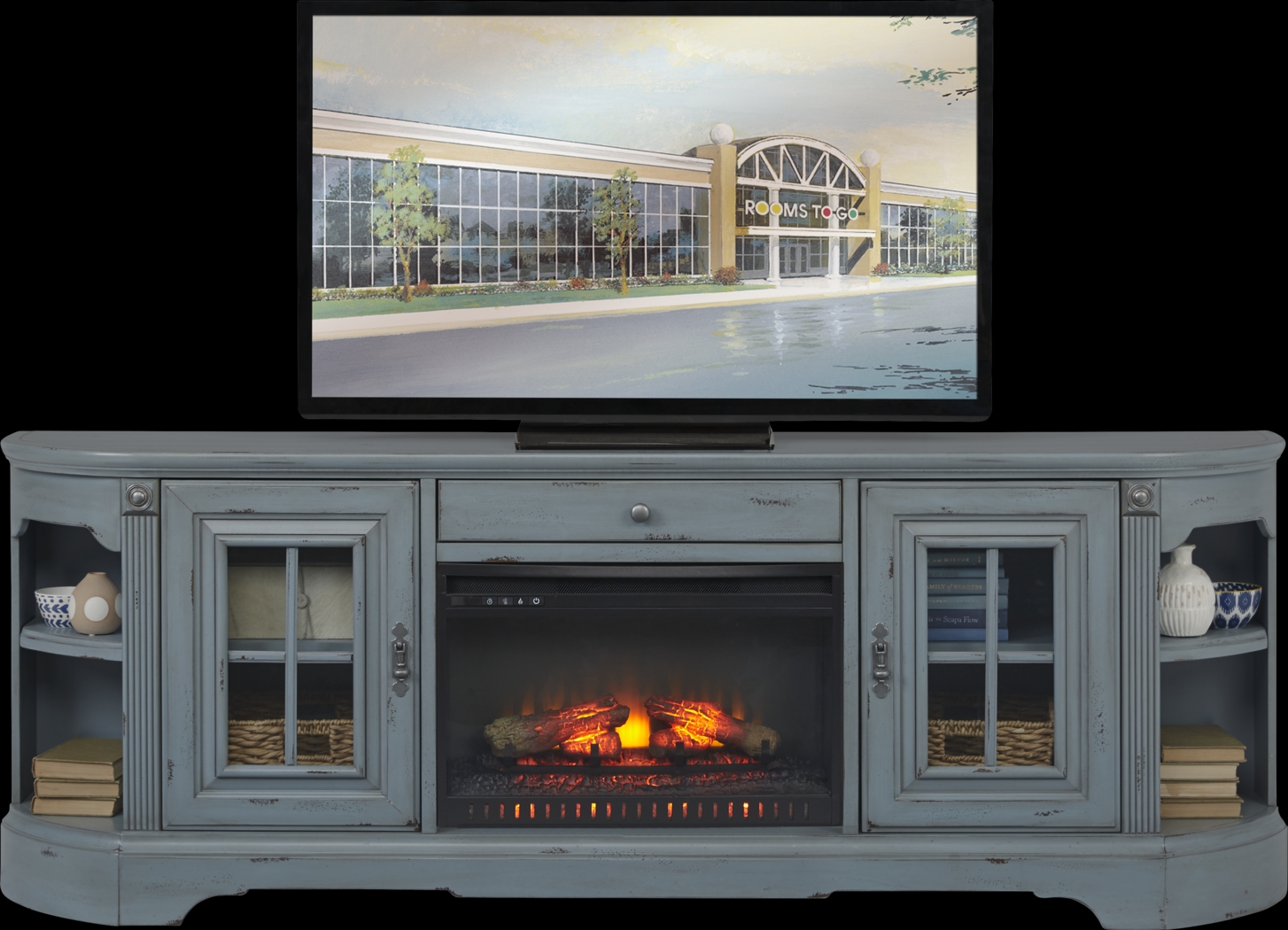 Mountain Bluff II Blue 88 in. Console with Electric Log Fireplace - Thumbnail - Image 1