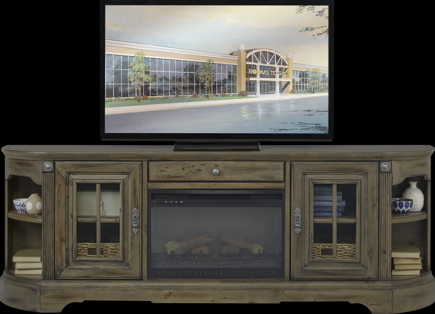 Mountain Bluff II Hickory 88 in. Console with Electric Log Fireplace - Thumbnail - Image 2