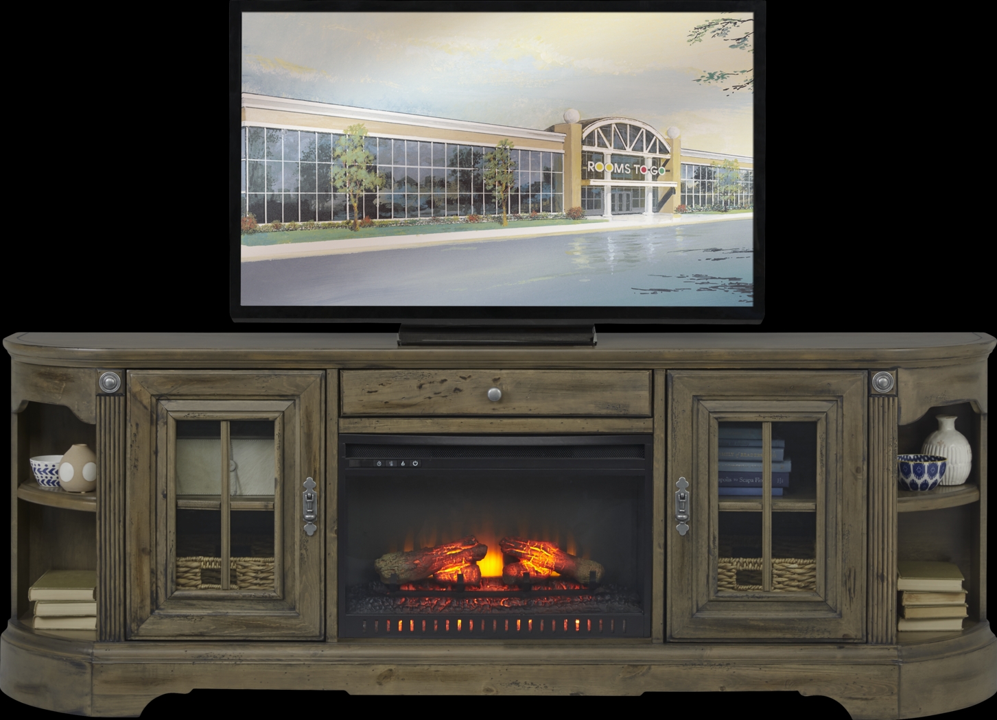 Mountain Bluff II Hickory 88 in. Console with Electric Log Fireplace - Thumbnail - Image 1