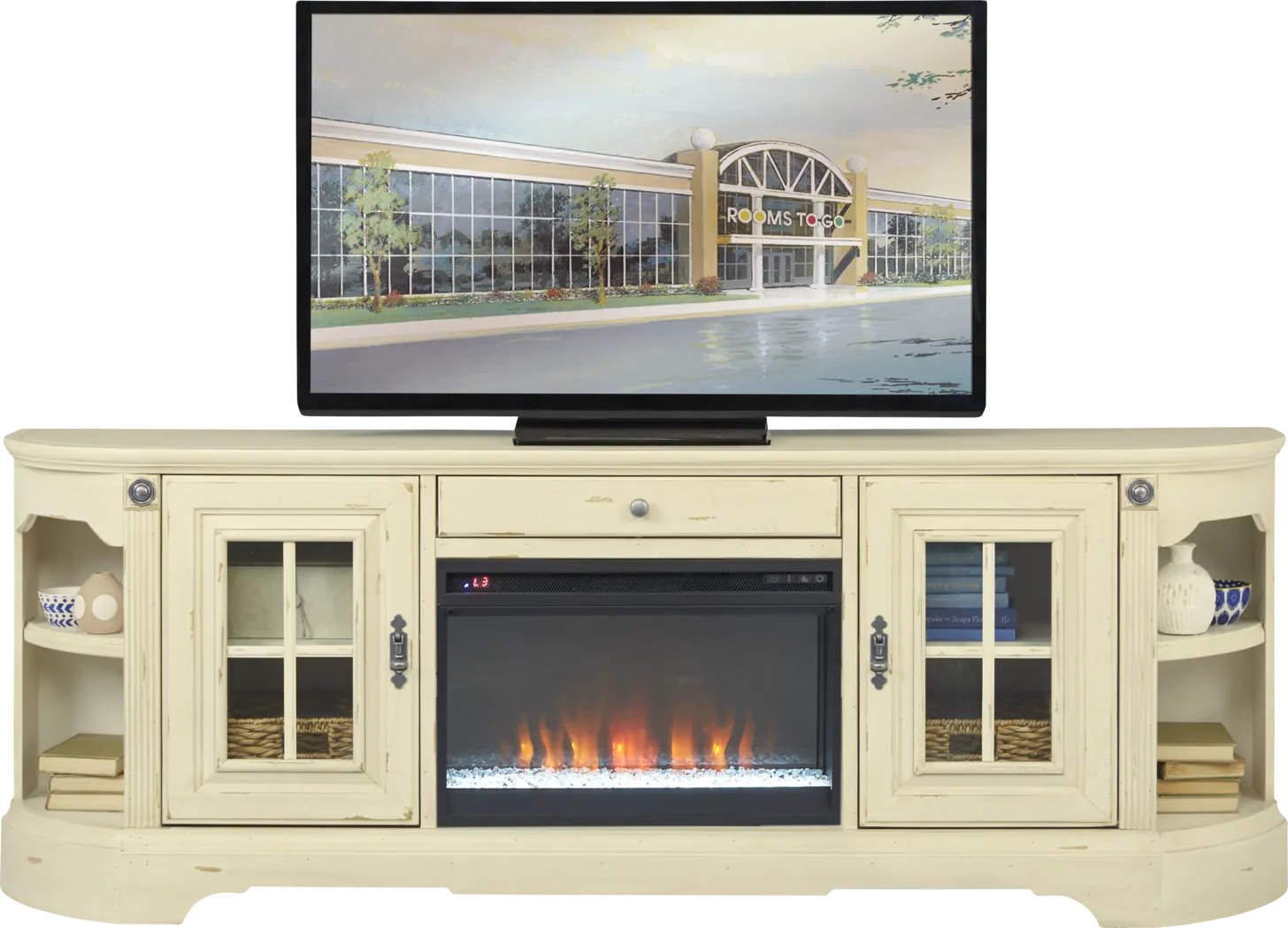 Mountain Bluff II White 88 in. Console with Electric Fireplace - Thumbnail - Image 1
