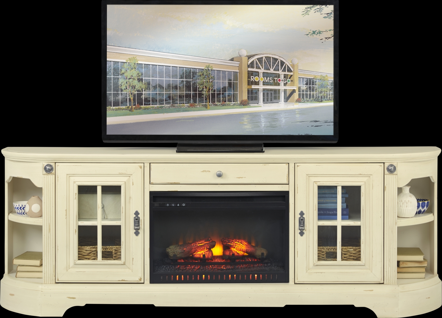 Mountain Bluff II White 88 in. Console with Electric Log Fireplace - Thumbnail - Image 1