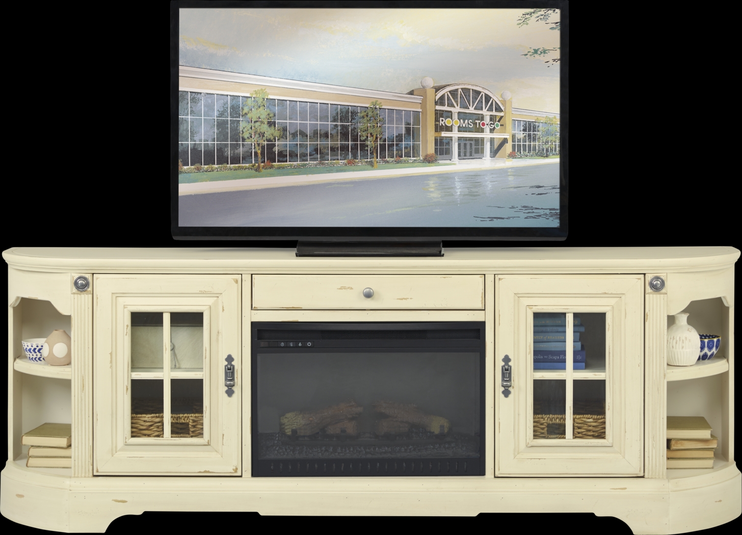 Mountain Bluff II White 88 in. Console with Electric Log Fireplace - Thumbnail - Image 2