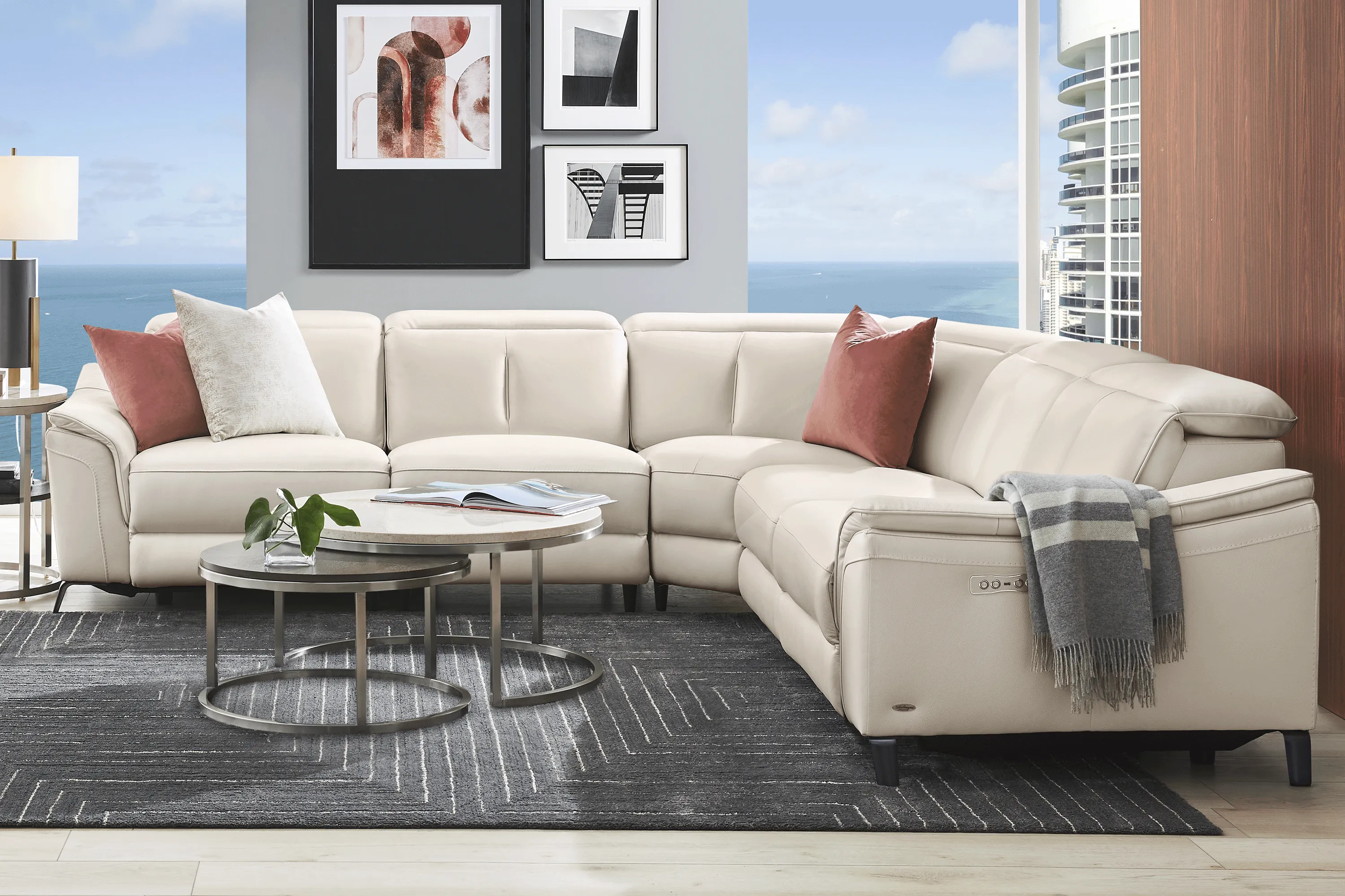 Naples Ivory Leather 5 Pc Dual Power Reclining Sectional - Thumbnail - Image 2