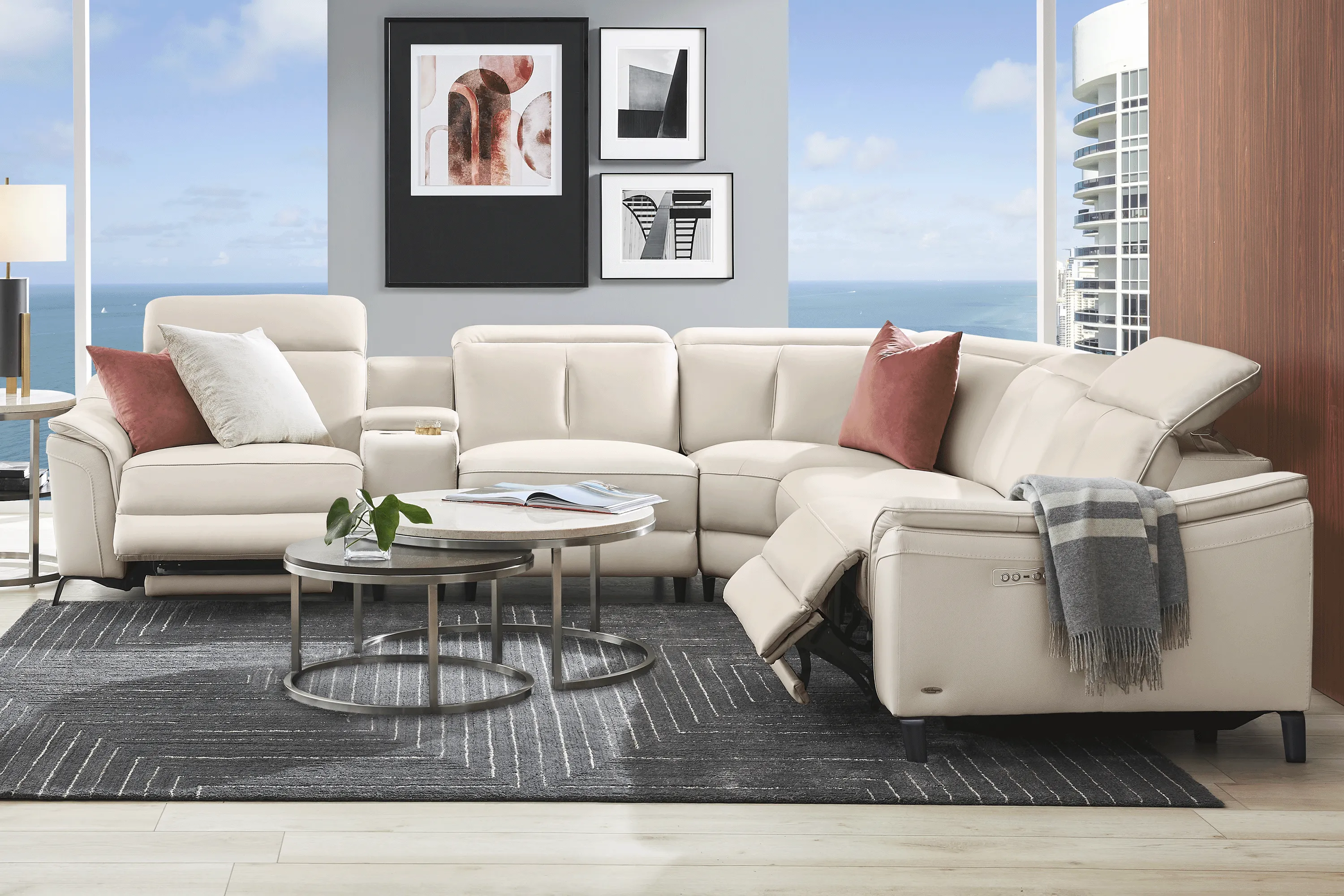 Naples Ivory Leather 6 Pc Dual Power Reclining Sectional - Thumbnail - Image 2