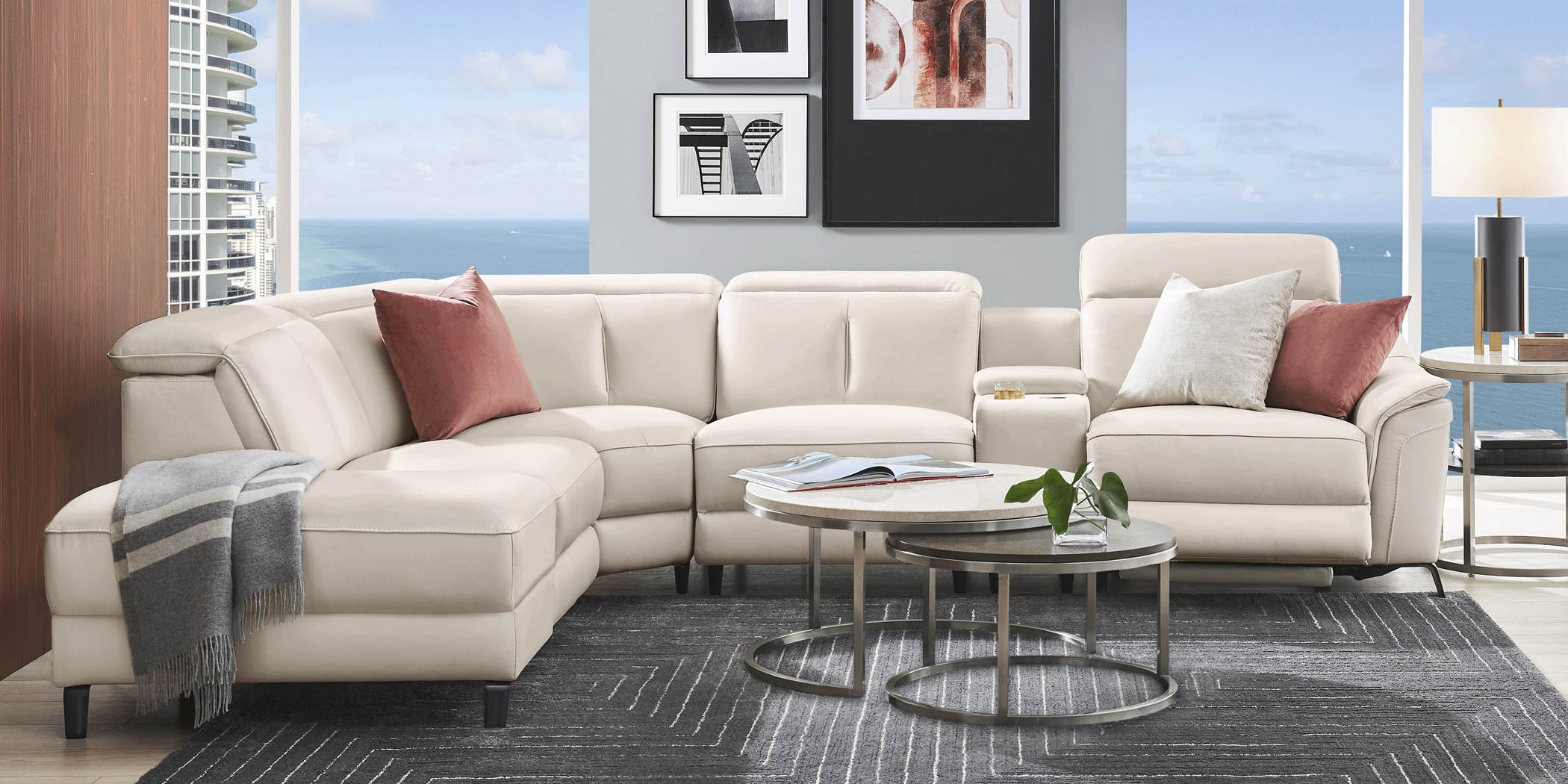 Naples Ivory Leather 9 Pc Dual Power Reclining Sectional Living Room - Thumbnail - Image 2