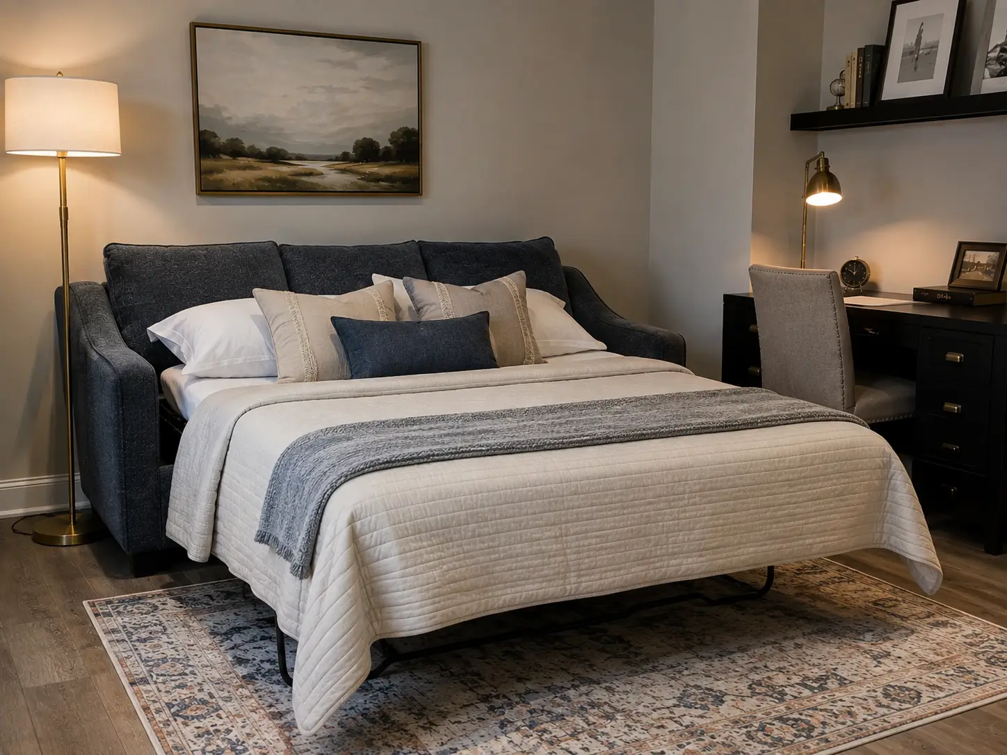 A blue sofa bed with white bedding and a grey throw blanket in a room with a desk, lamp, and area rug.