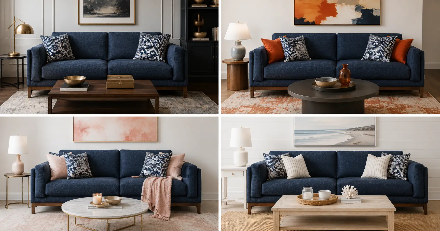 Four different living room setups featuring the same navy blue sofa styled with various pillows, coffee tables, and decor.