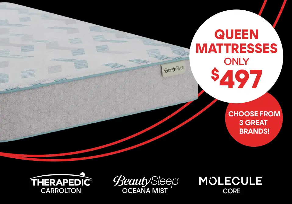 Queen mattresses only $497. Choose from 3 great brands!

