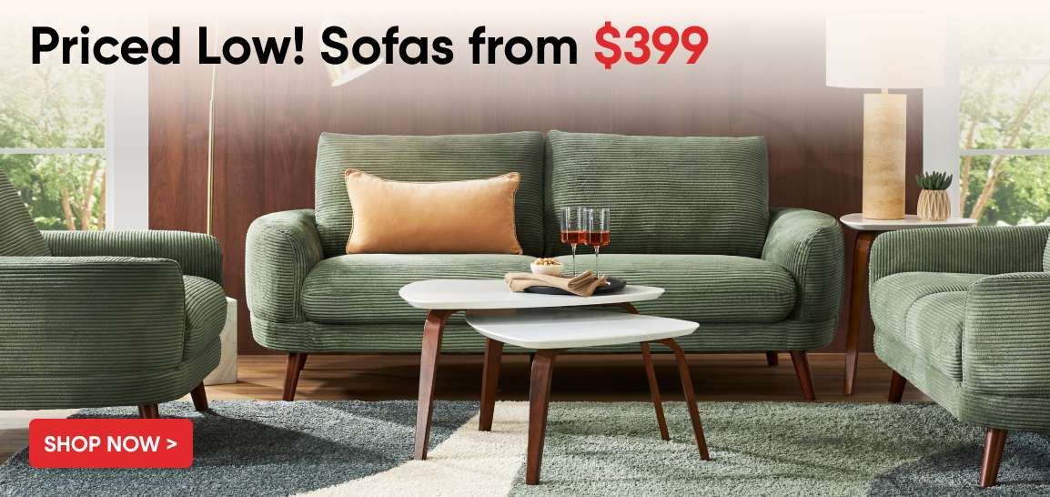 Priced Low! Sofas from $399. A green corduroy sofa with two matching armchairs.
