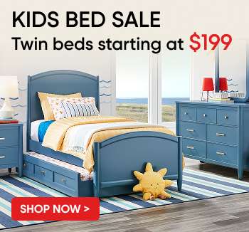 KIDS BED SALE. Twin beds starting at $199. Blue kids bedroom set with bed, dresser, and nightstand.
