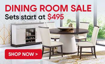 Dining room sale: Sets start at $495. Image of a dining table and chairs.

