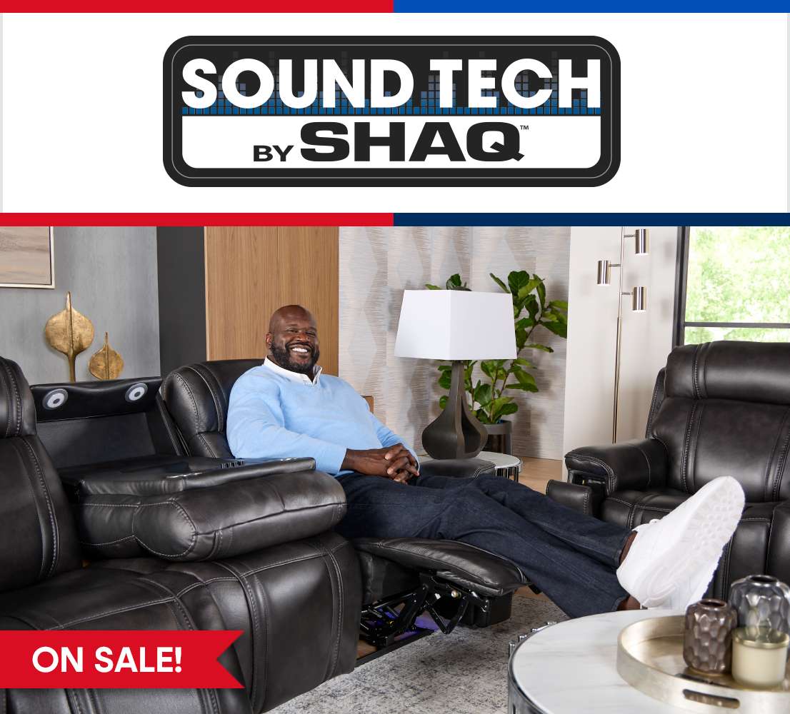 SOUND TECH by SHAQ. Shaq sitting in a recliner. "ON SALE!"
