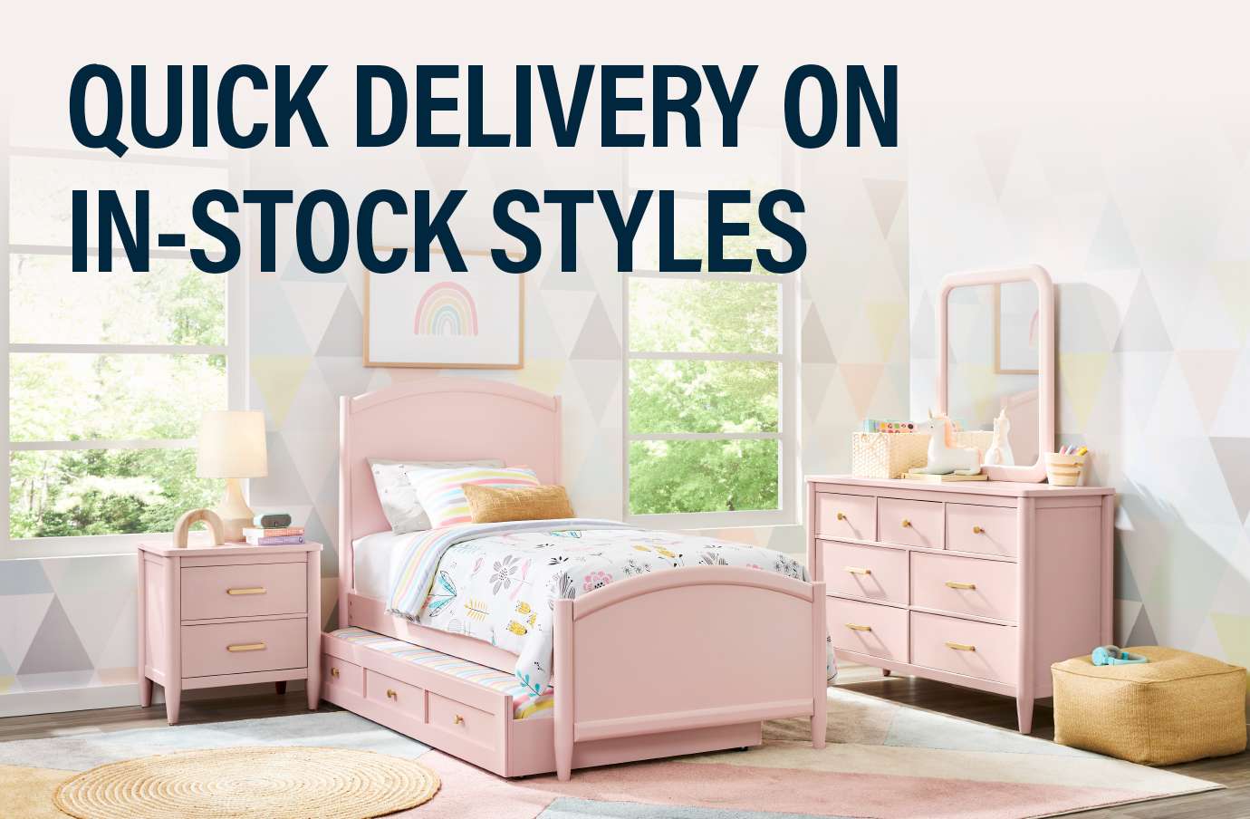 QUICK DELIVERY ON IN-STOCK STYLES. Pink bedroom furniture set.
