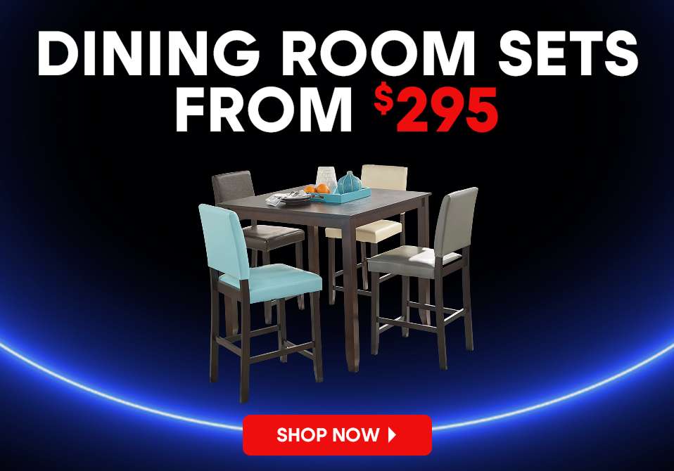 DINING ROOM SETS FROM $295. A dining room set with a table and four chairs.