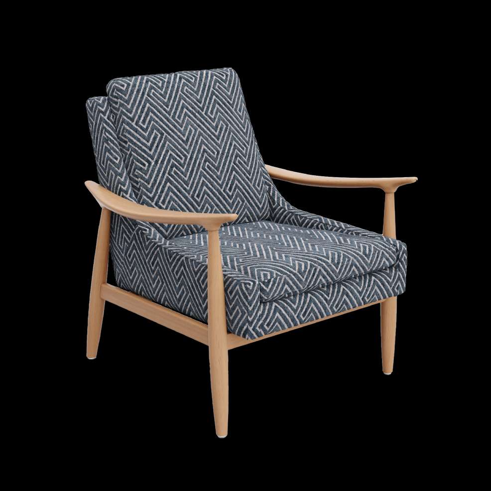 Armchair with a blue and white geometric pattern and light wood frame.
