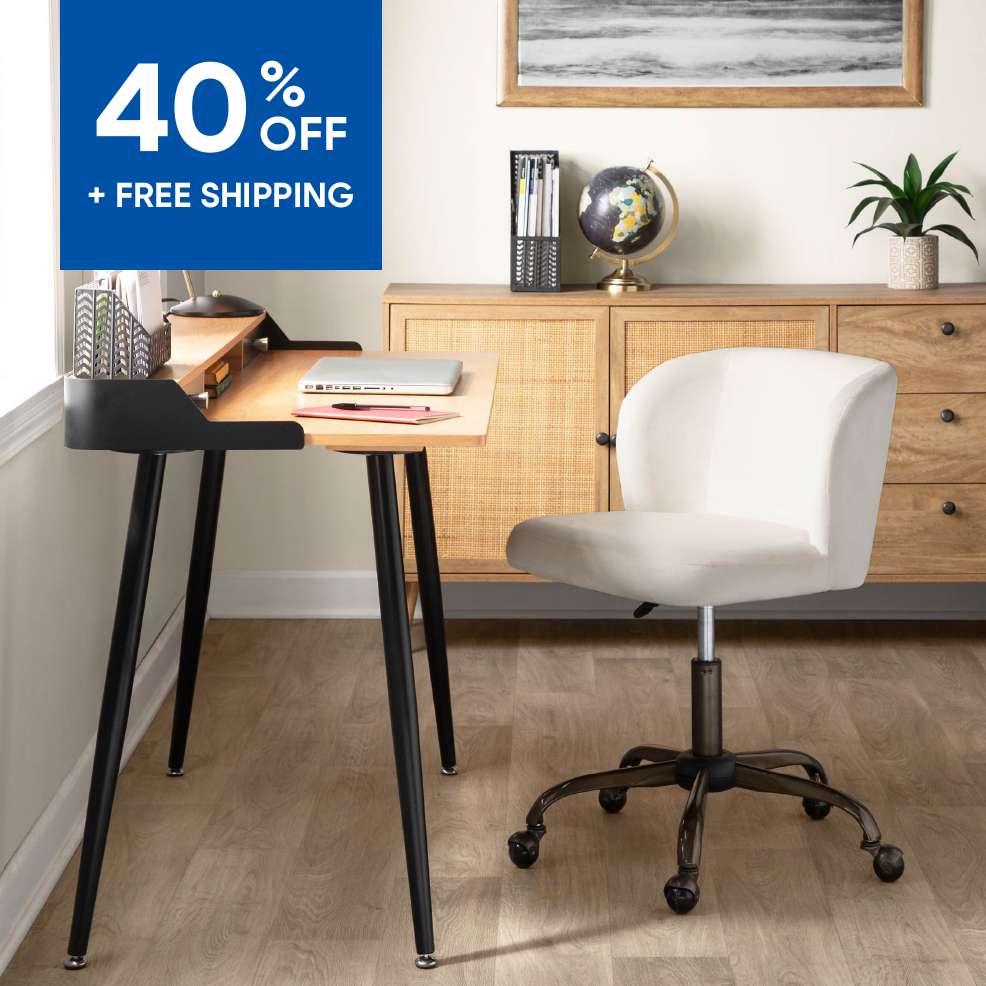40% off + free shipping. A white office chair with a wooden desk.
