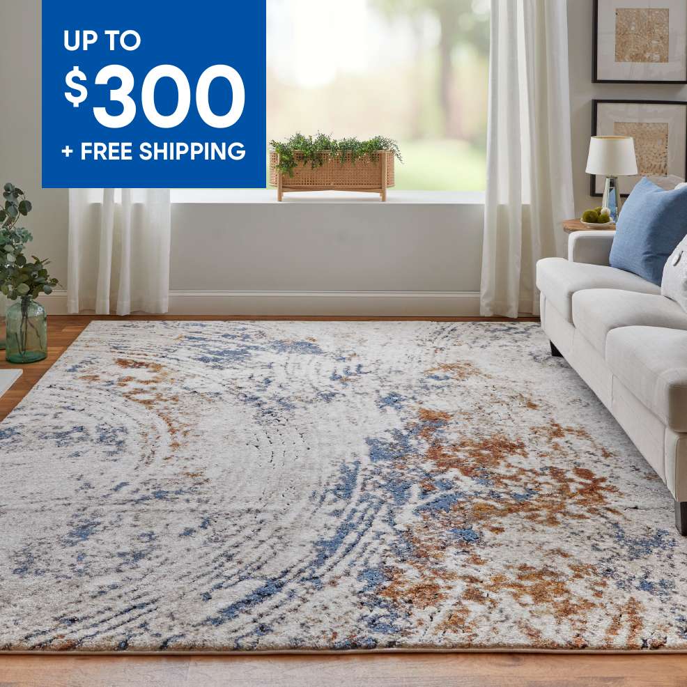 Up to $300 + Free Shipping. A rug with blue and brown accents in a living room.