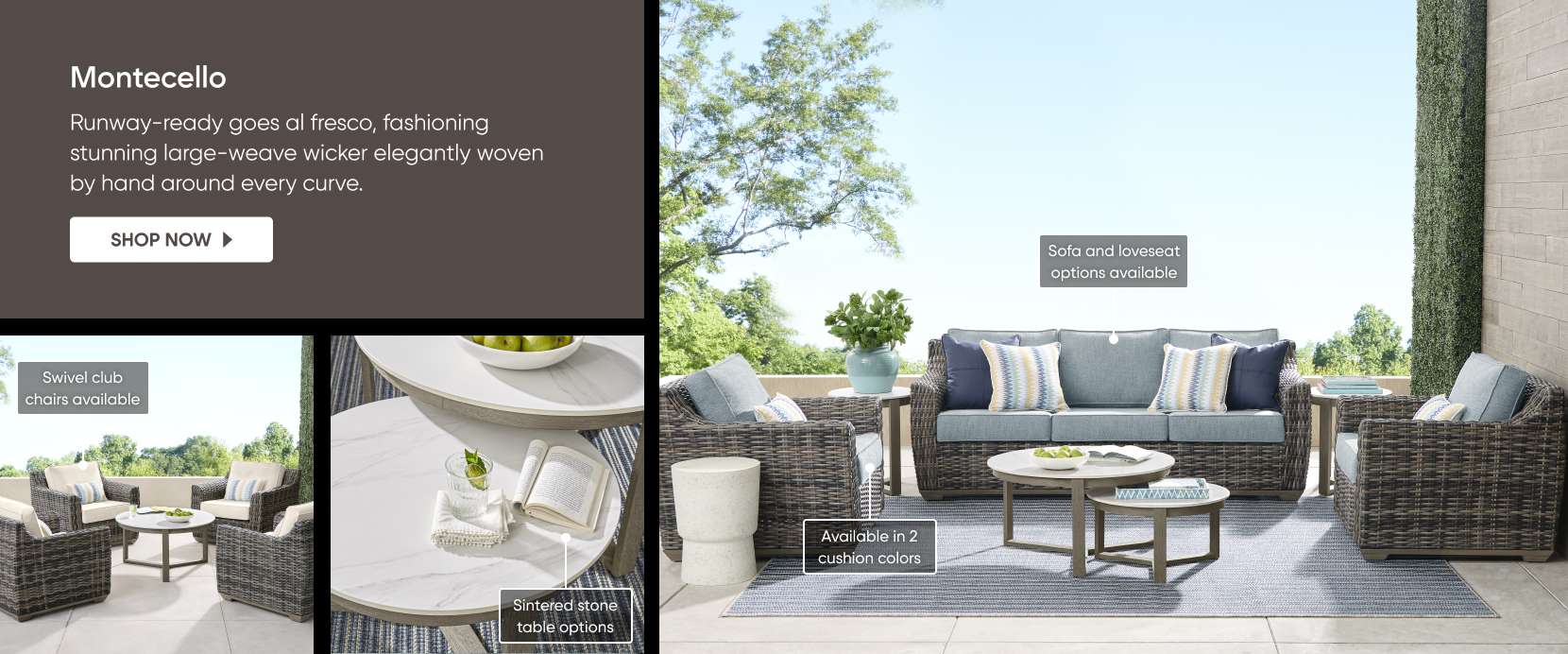 Montecello outdoor furniture set with sofa, loveseat, and swivel chairs.
