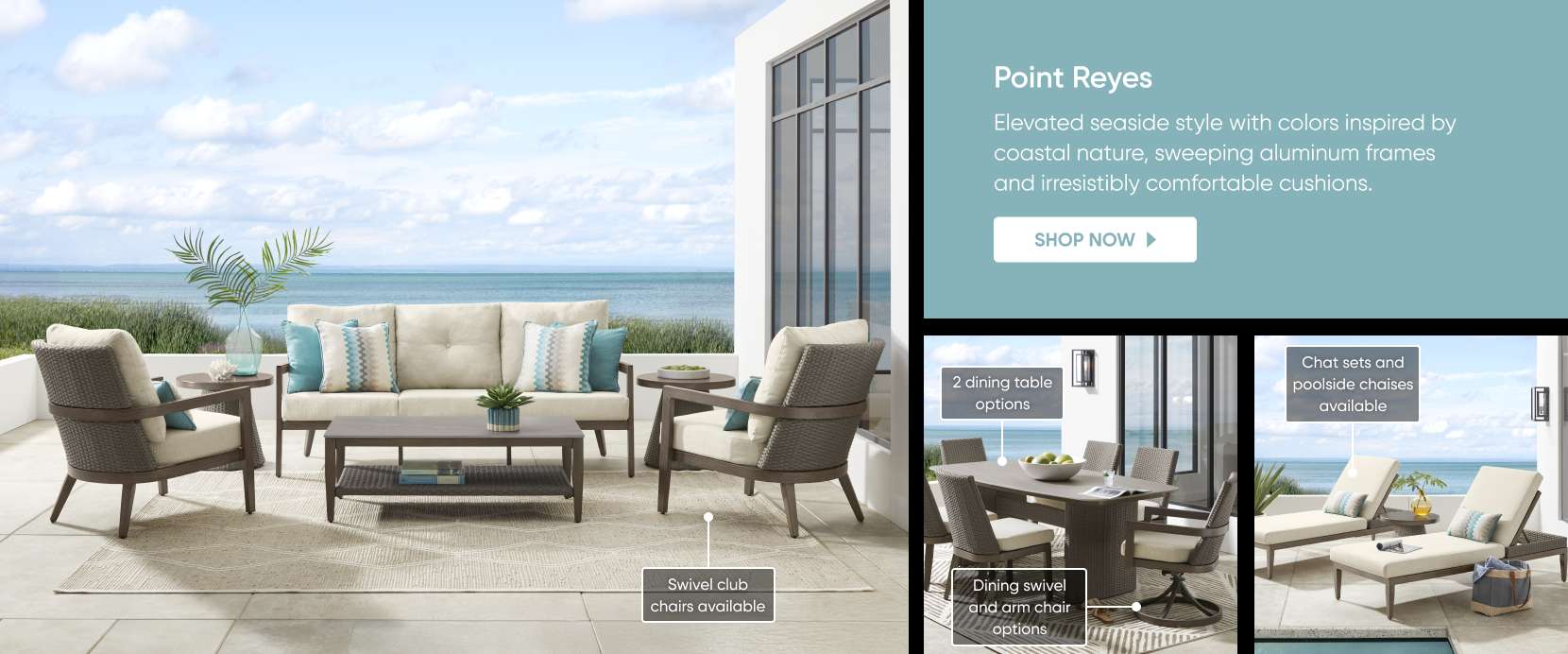 Point Reyes. Outdoor furniture set with cushions.
