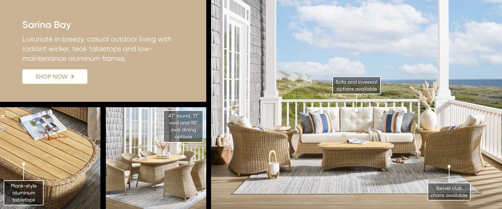 Sarina Bay outdoor furniture with teak tabletops.
